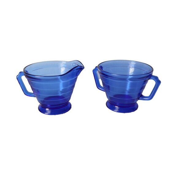Vintage Moderntone Cream and Sugar Set Cobalt Blue 1930's Hazel Atlas - Picture 1 of 4